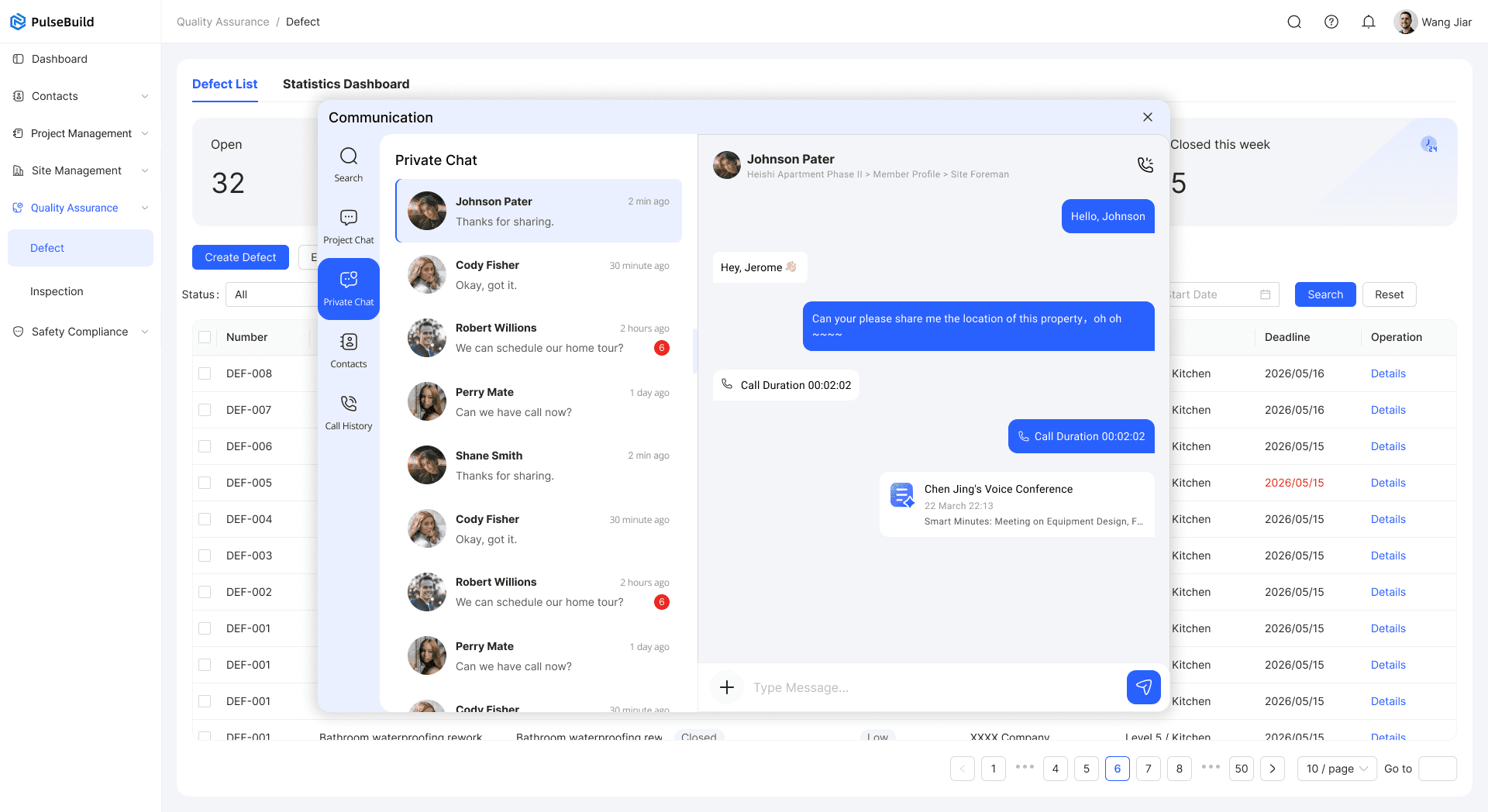 PulseBuild project communication dashboard