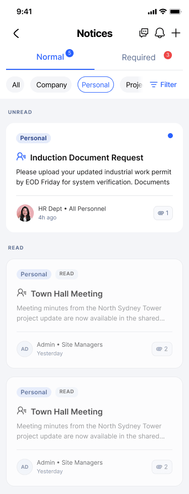 Project notices on mobile