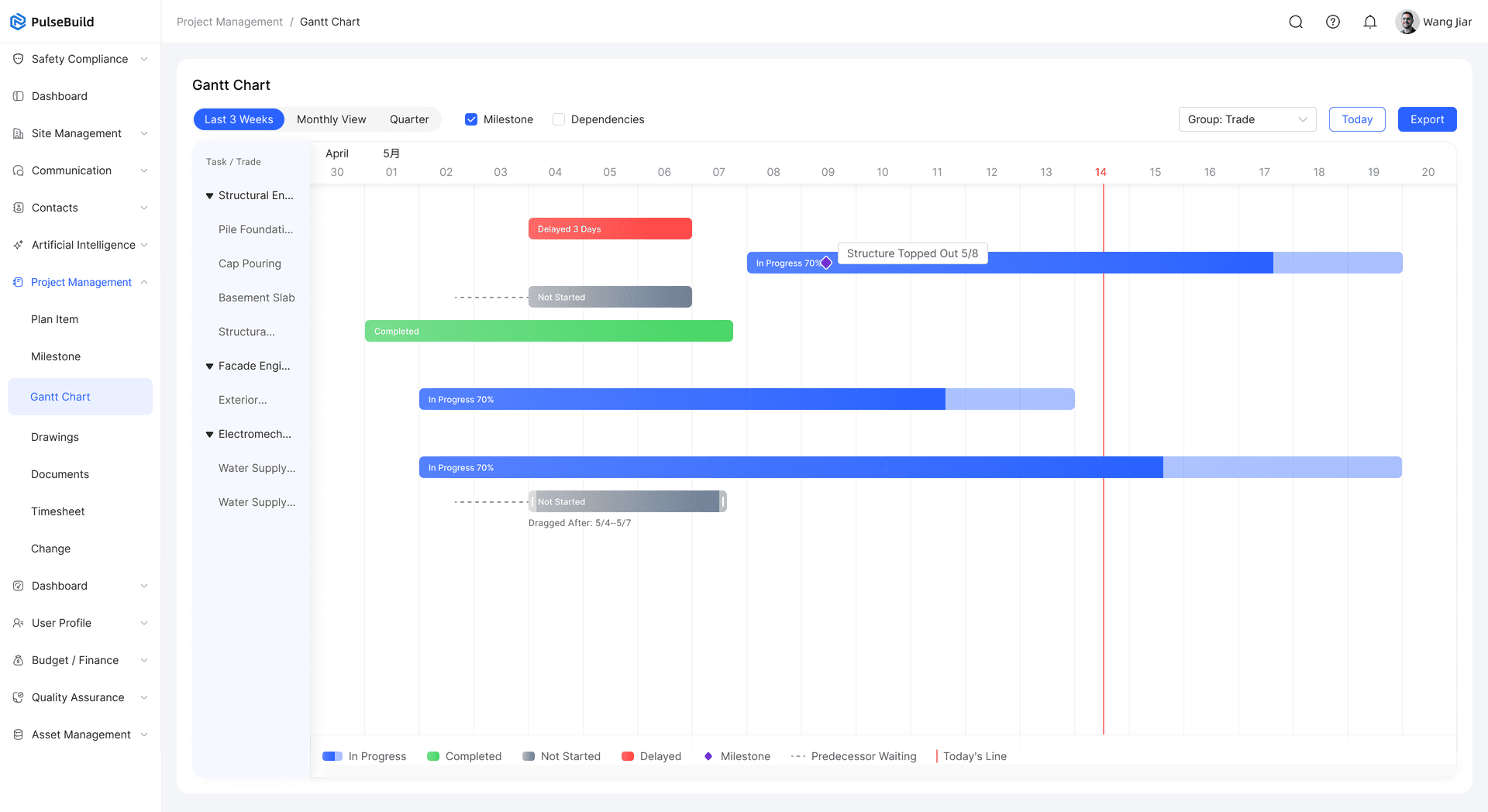 PulseBuild project plan with milestones and owners