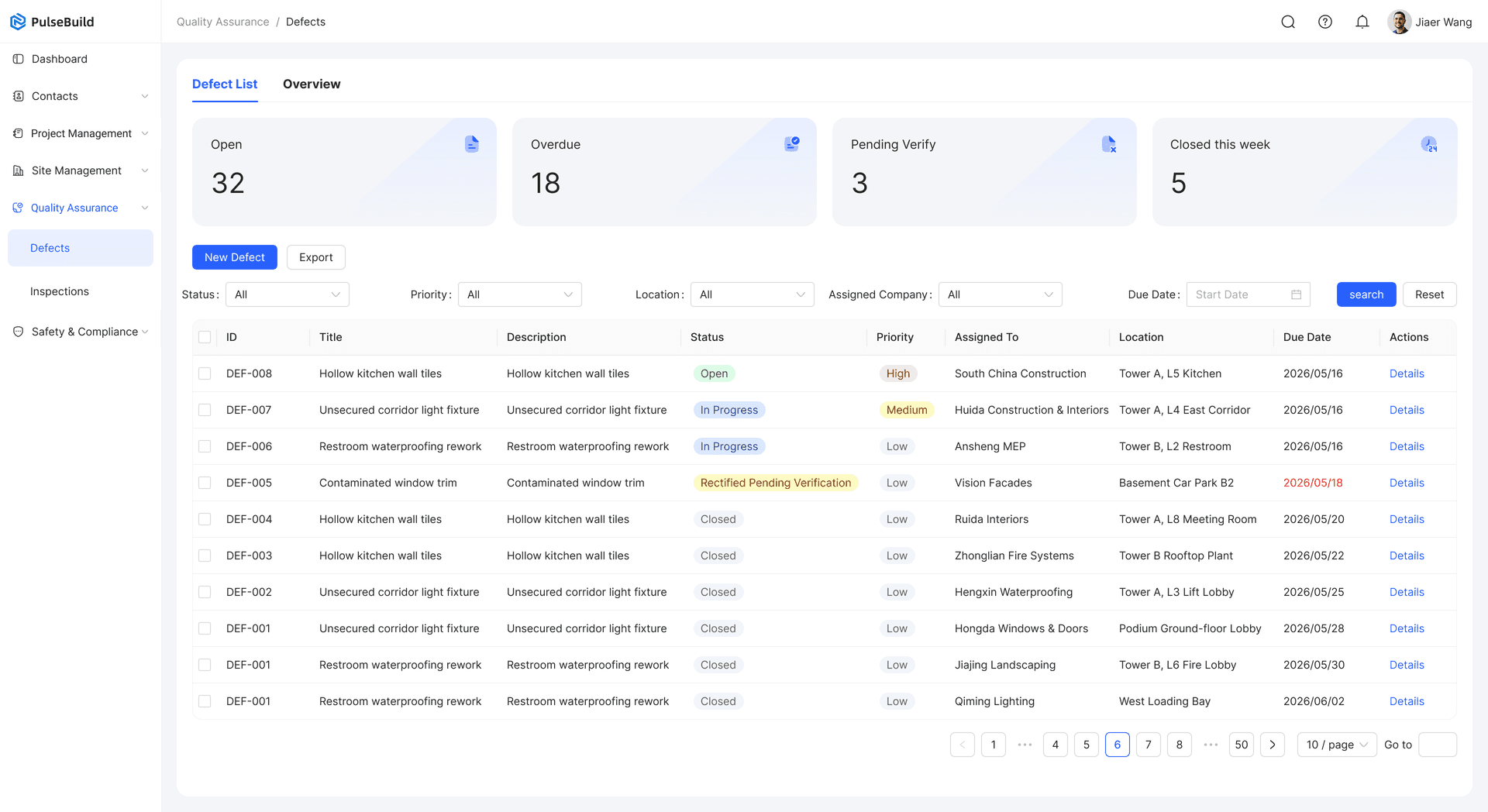 PulseBuild defect management list