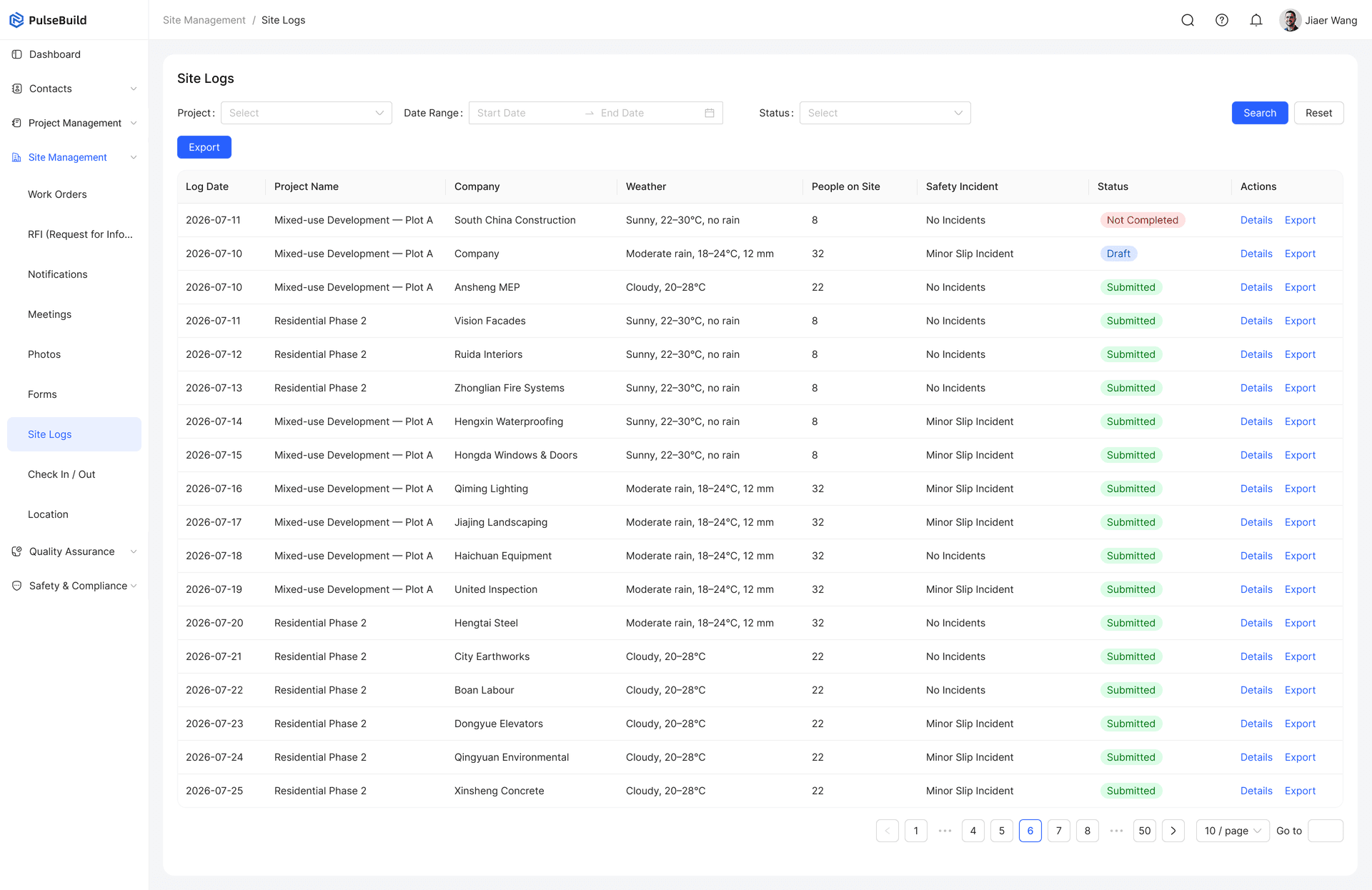 PulseBuild site records list