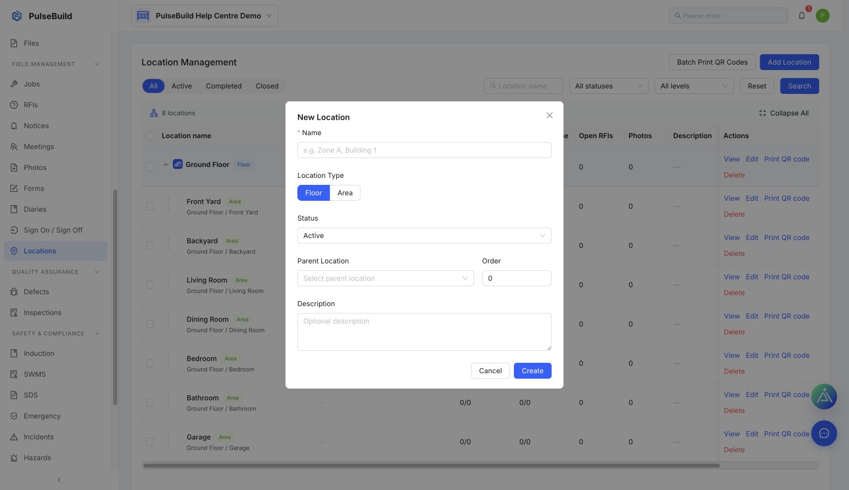 PulseBuild New Location form with name, type, status, parent location, order and description fields
