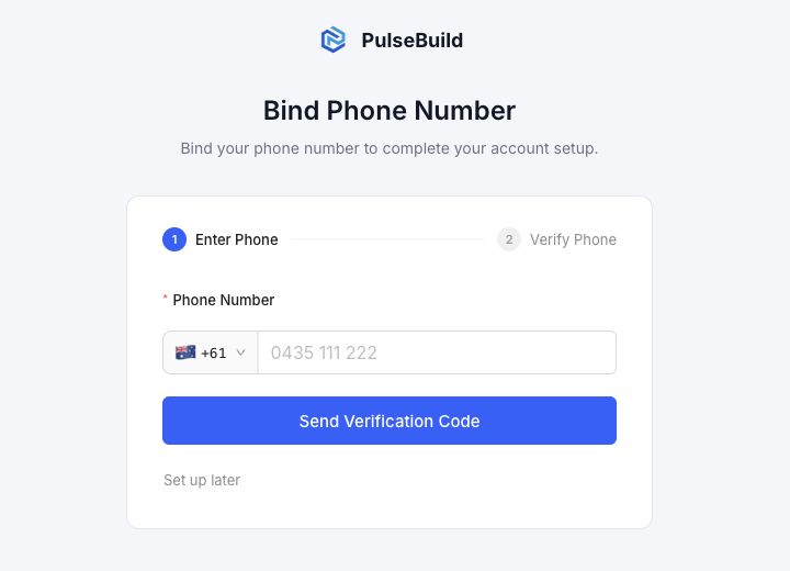 PulseBuild Bind Phone Number screen showing country code selector, phone field and Send Verification Code button