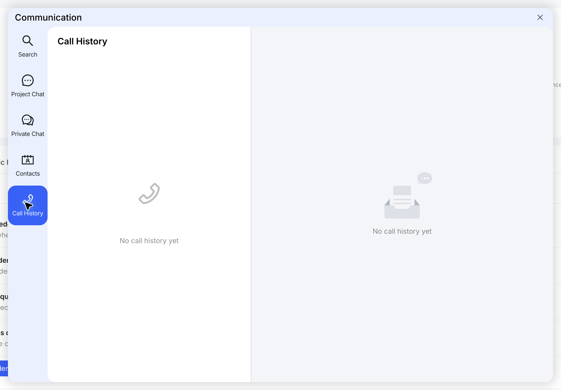 Project Call History panel