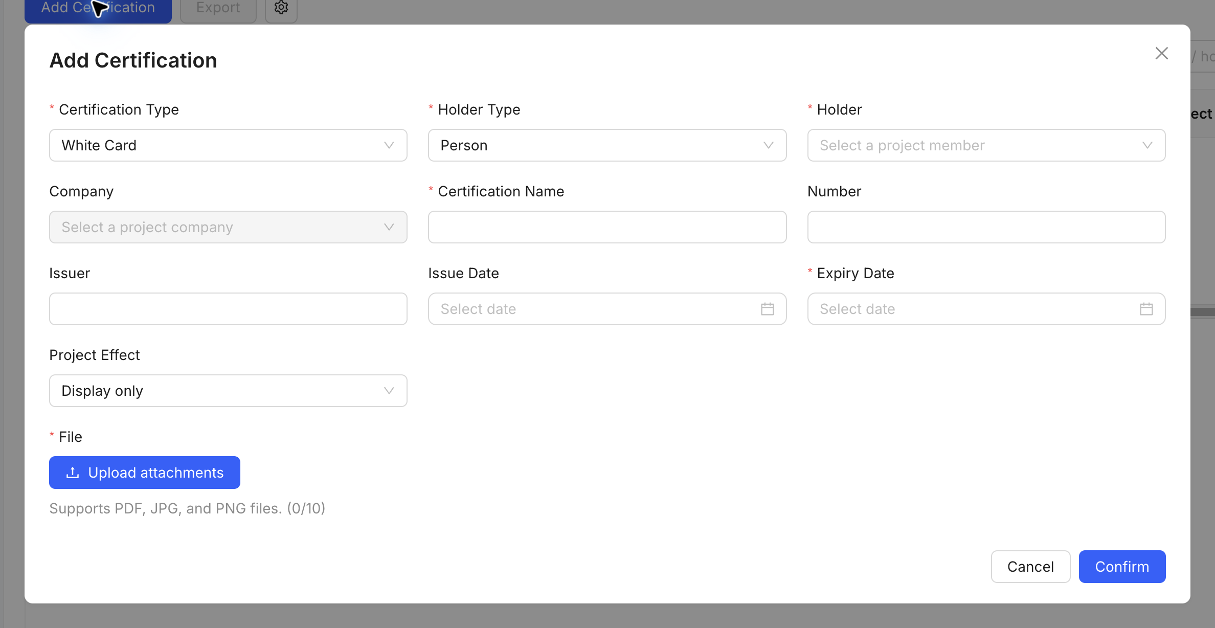 Certification record form