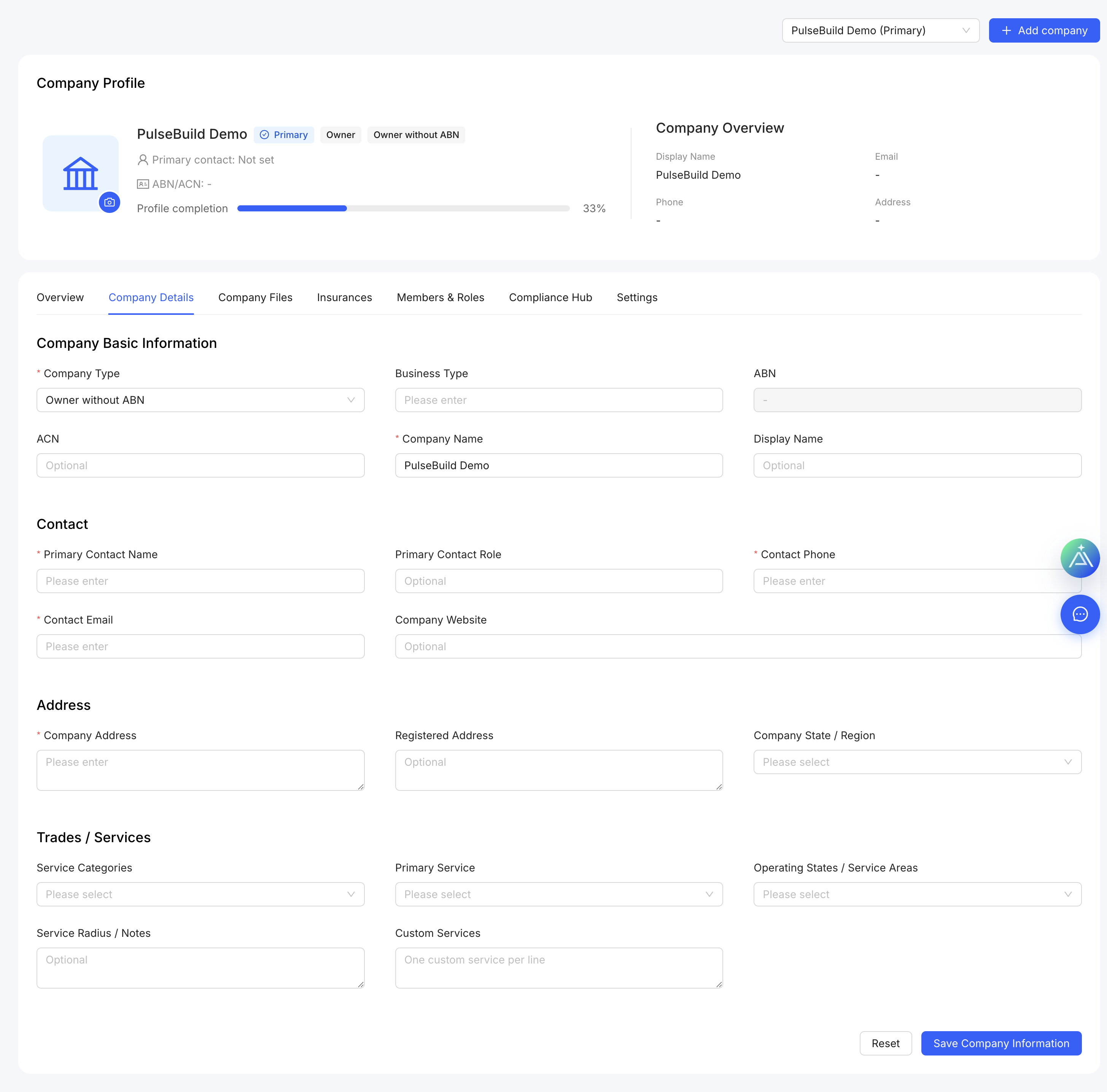 Company Details form