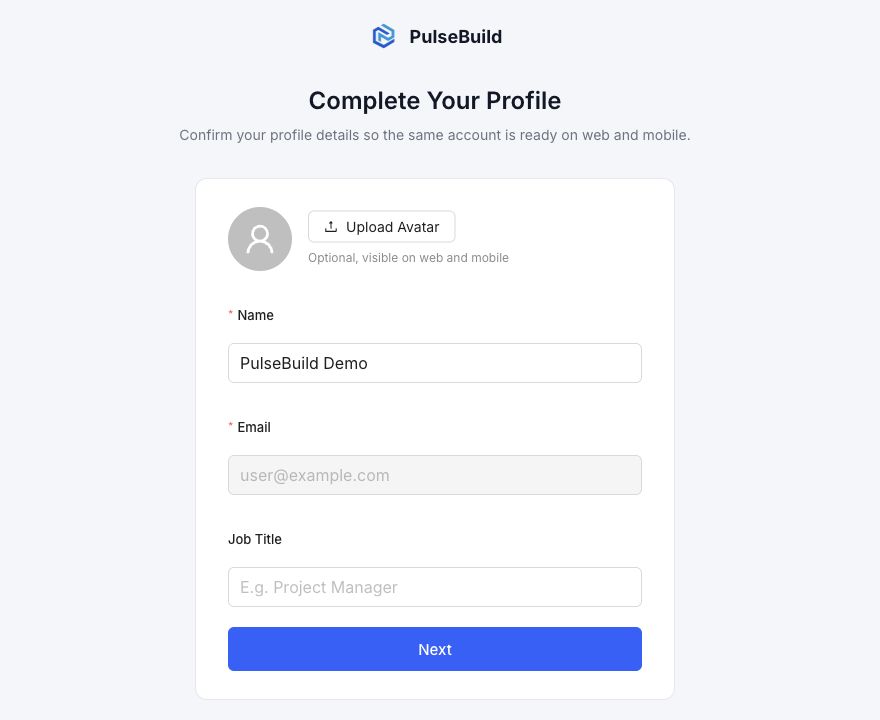 PulseBuild Complete Your Profile page with optional avatar upload and required name