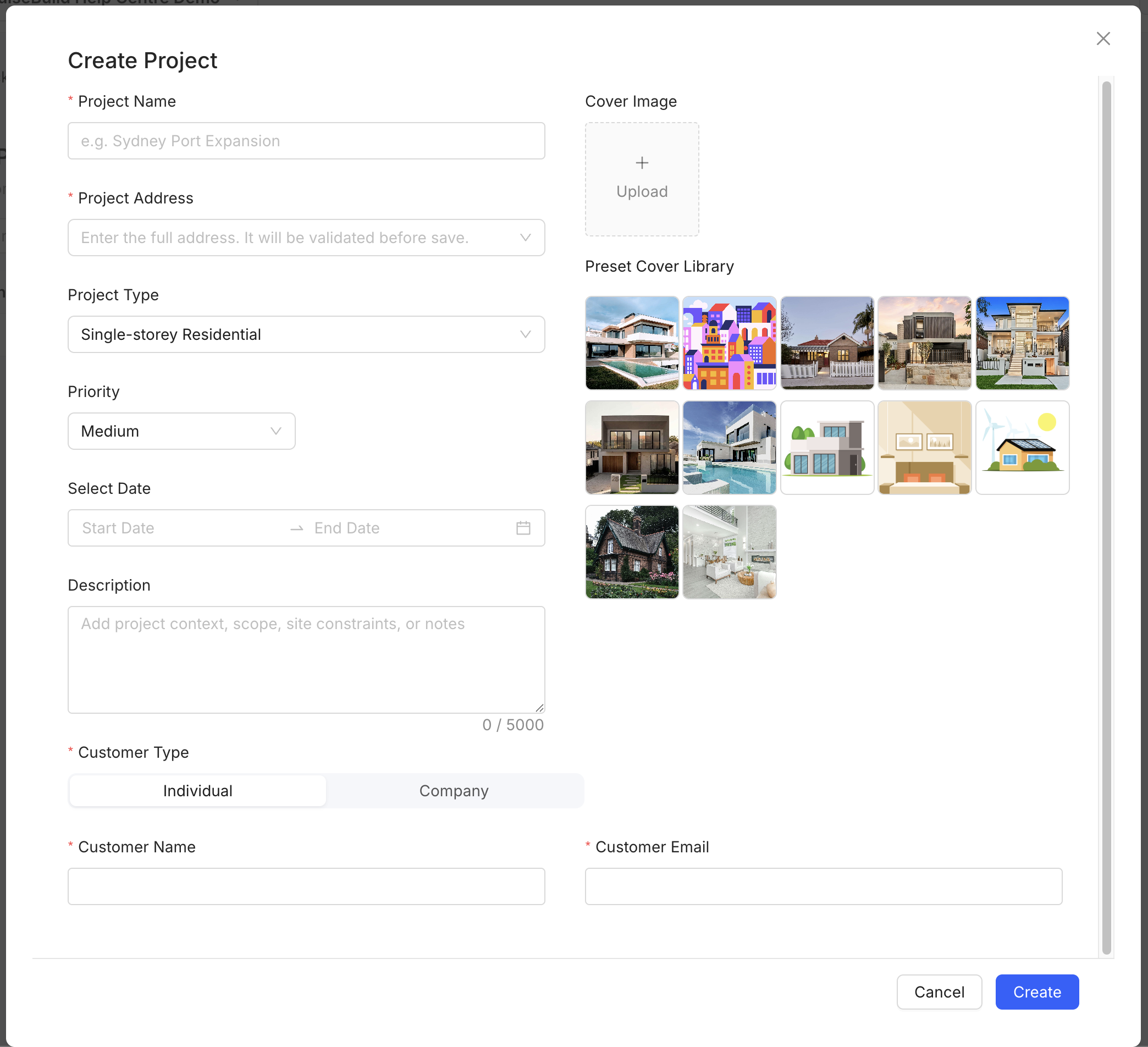 PulseBuild Create Project dialog showing project details, cover image options and customer fields