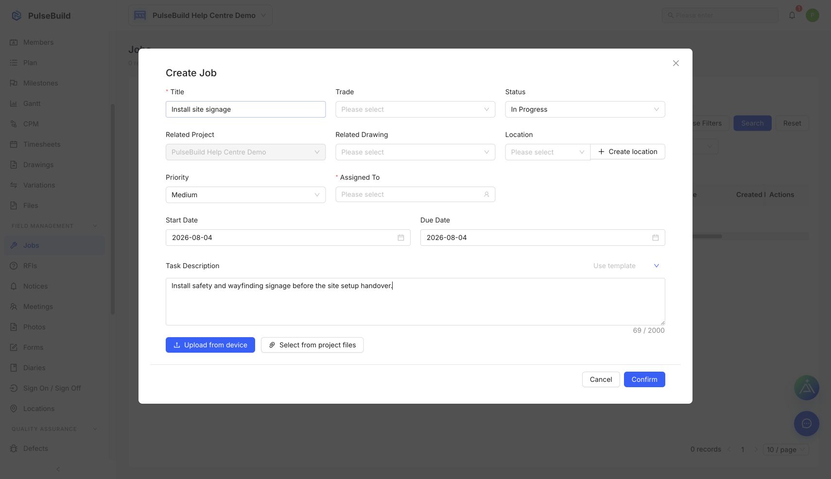Create Job form with an example title and task description