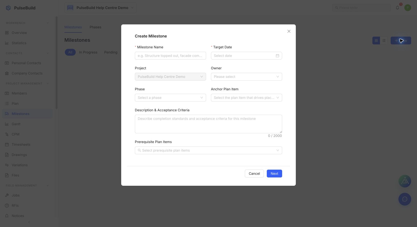 PulseBuild Create Milestone form with name, target date, owner, phase and prerequisite Plan items