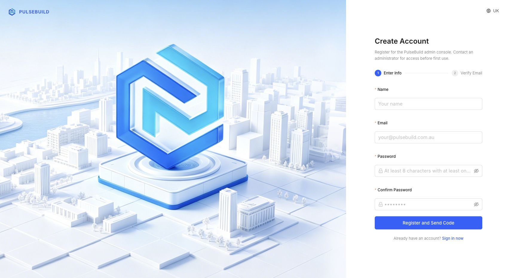 PulseBuild Create Account page with fields for name, email and password