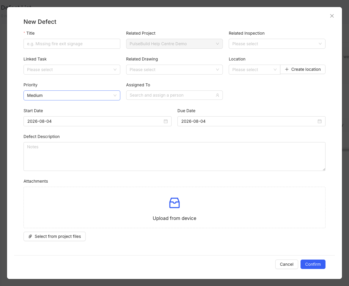 New Defect form
