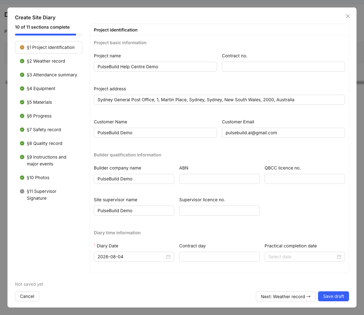 Create Site Diary form