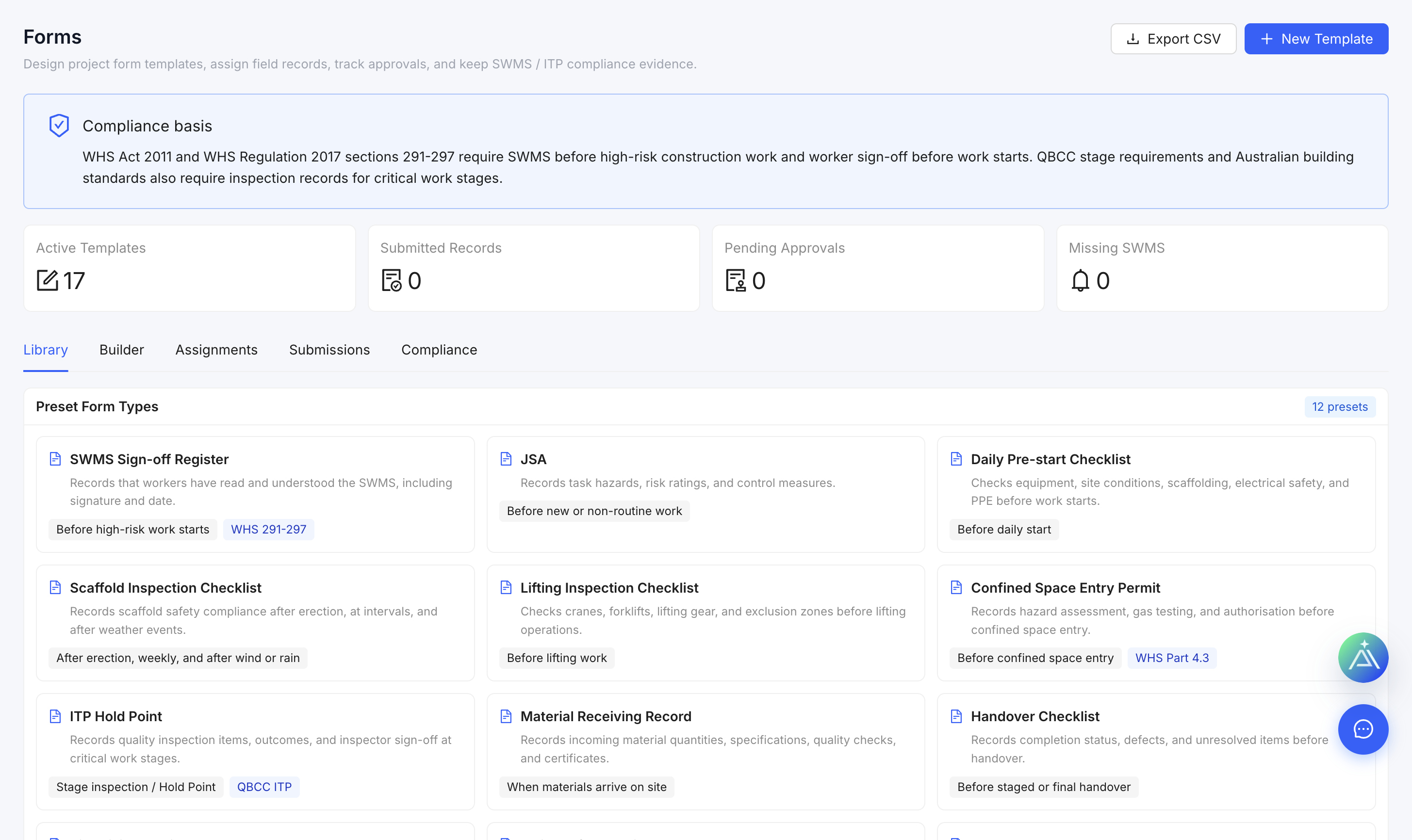Populated Forms workspace and preset library