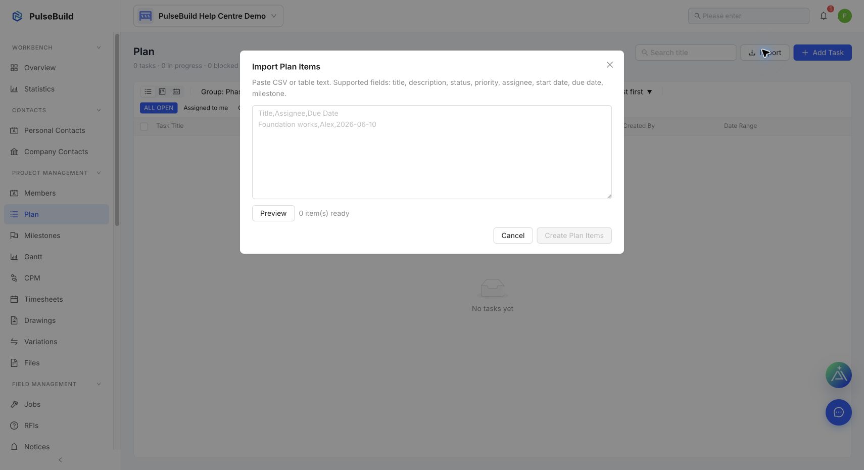 PulseBuild Import Plan Items dialog with CSV paste area and Preview action