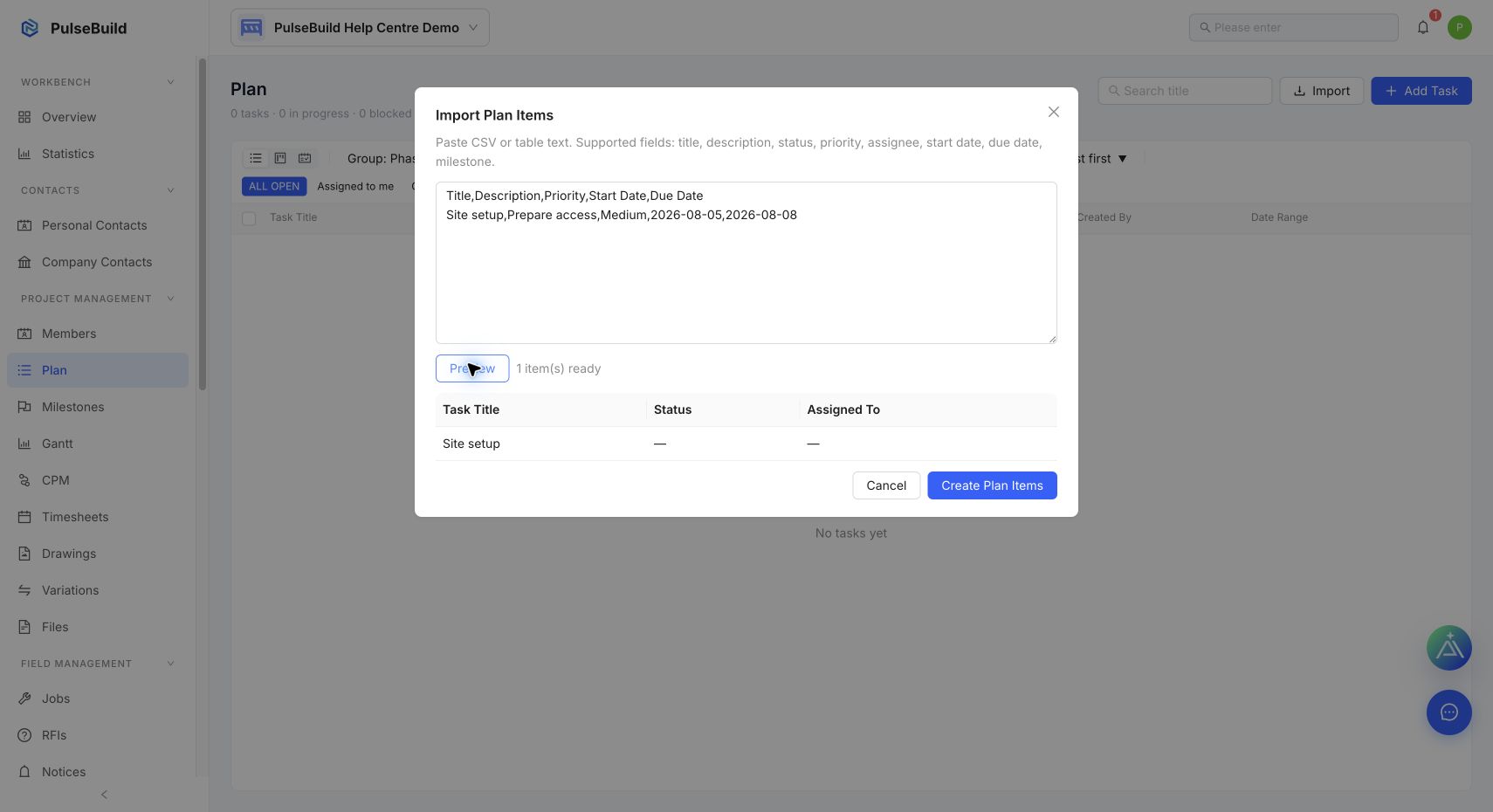PulseBuild import preview showing one parsed Plan item ready to create