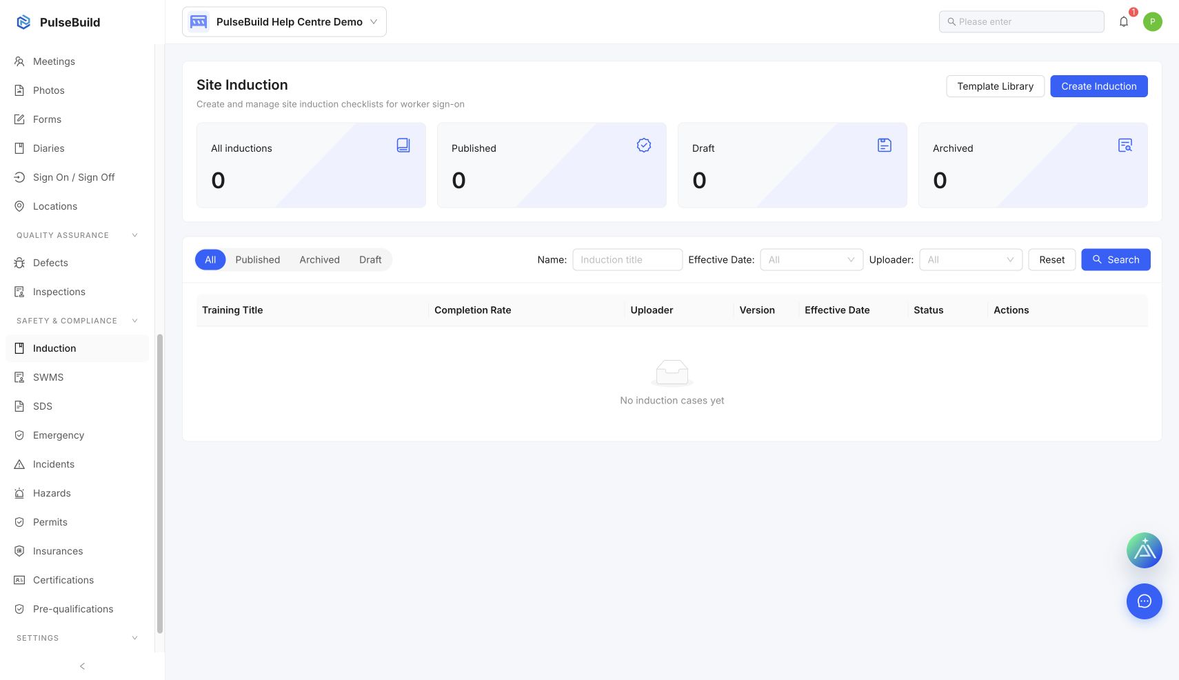 Project induction status workspace