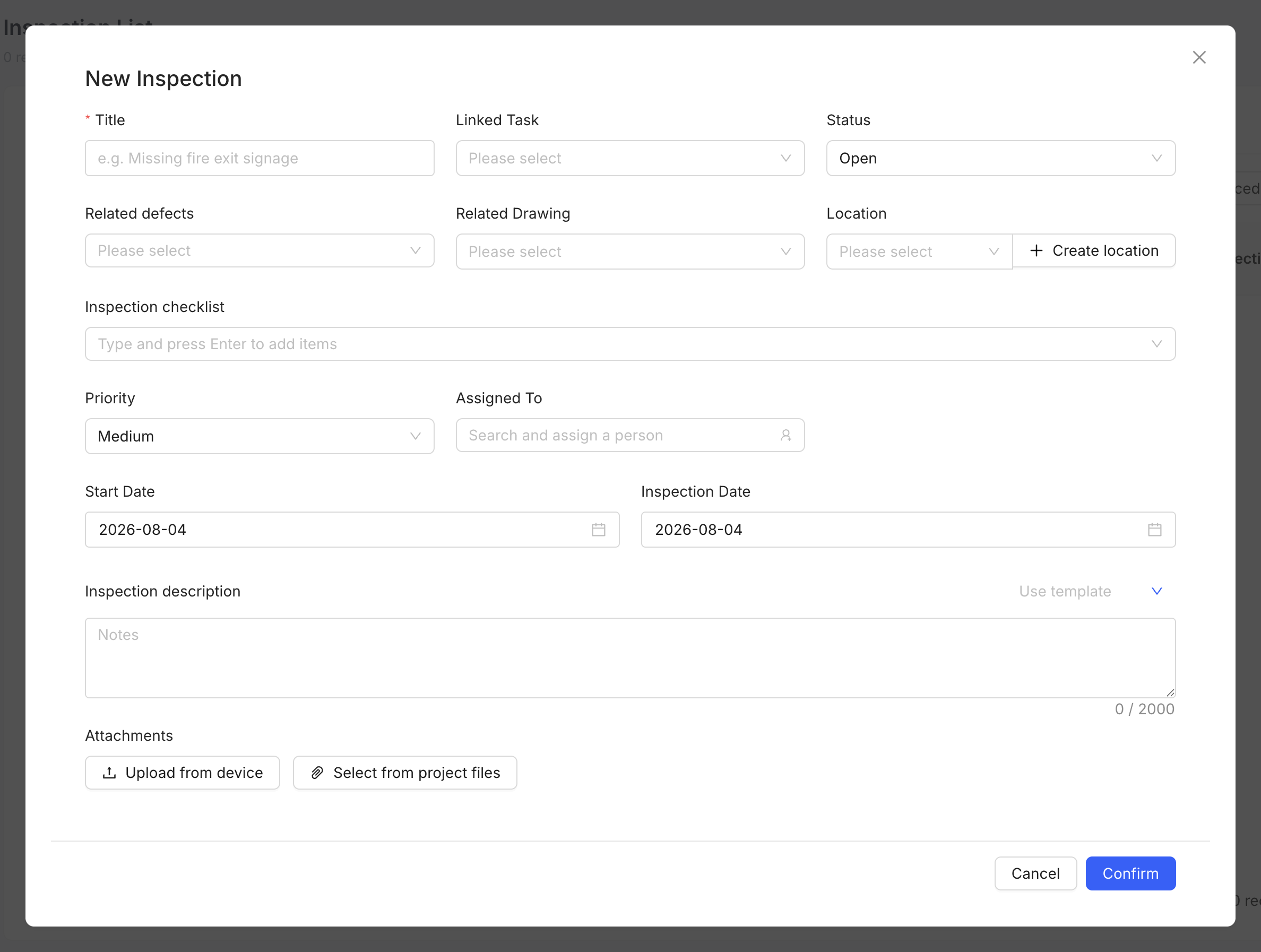 Inspection form generated for structured checks