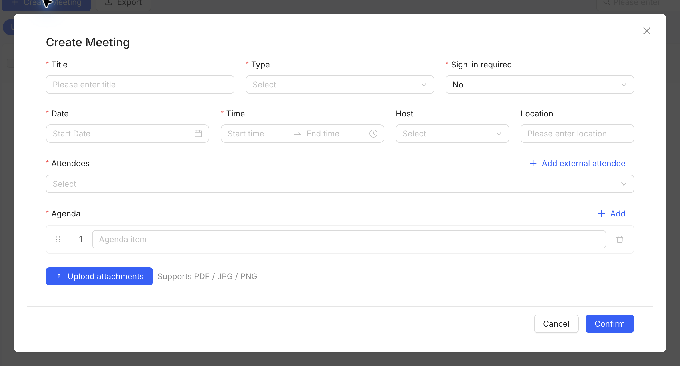 Create Meeting form with schedule and attendees