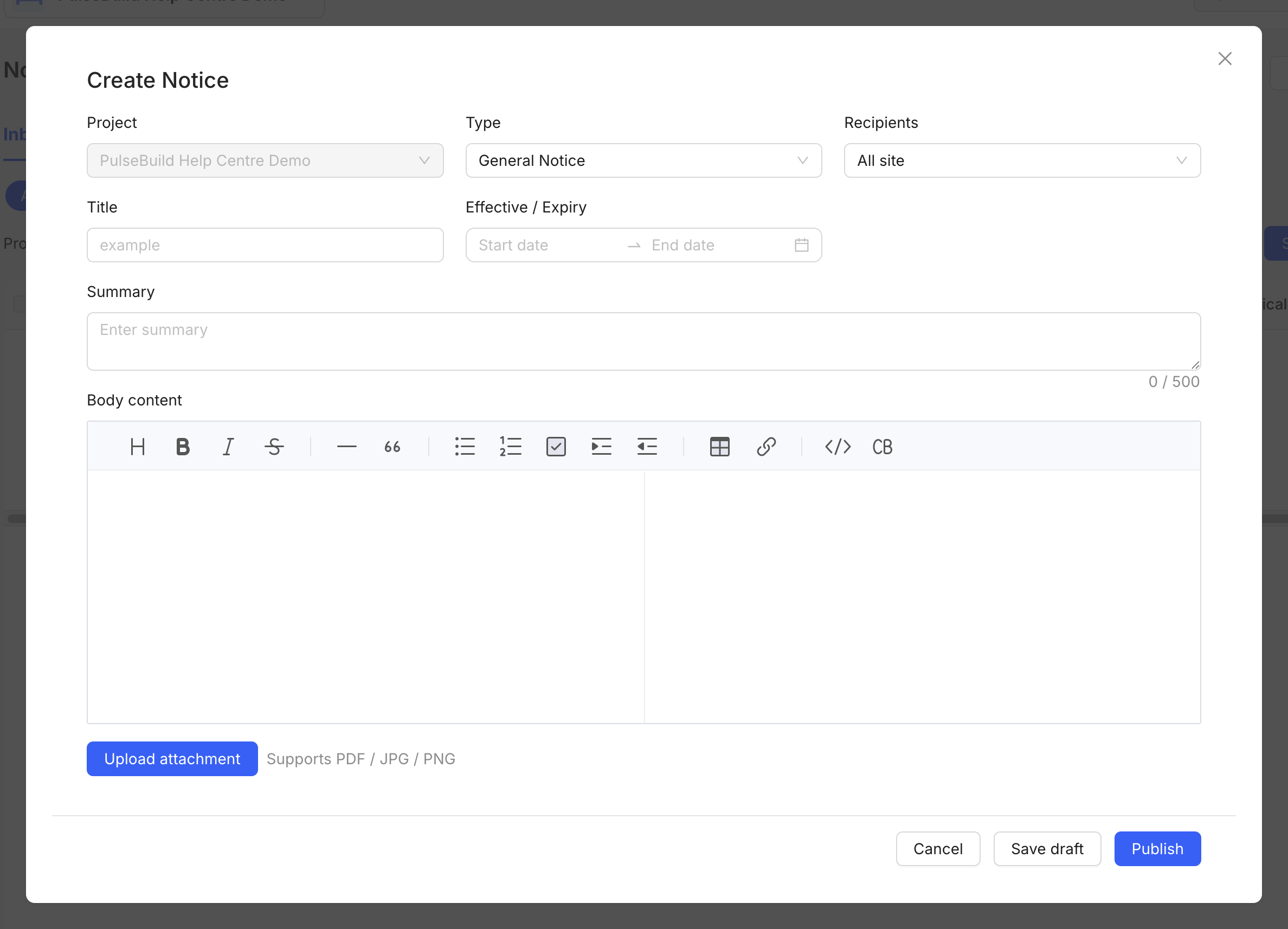 Create Notice form with recipients and publication controls
