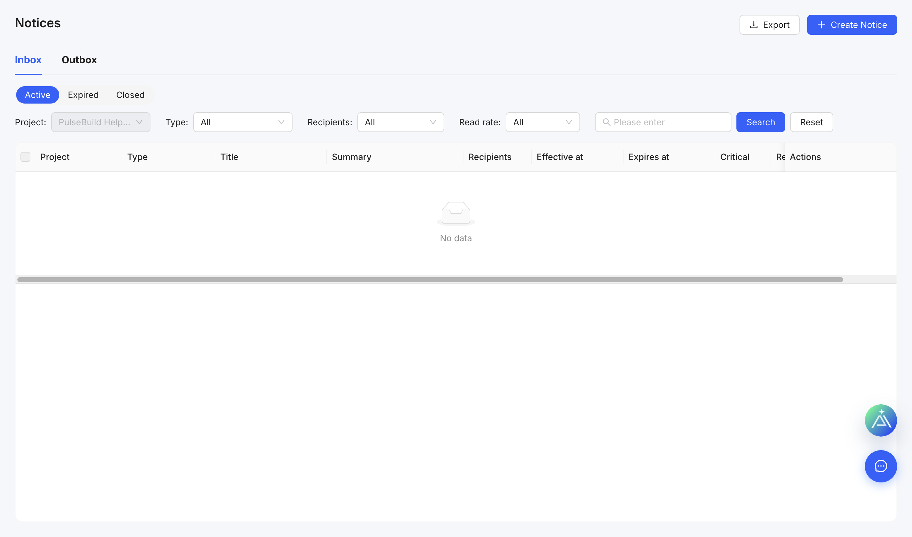 Project Notices workspace