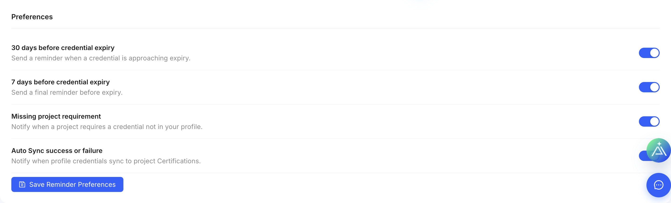 Credential reminder preference controls