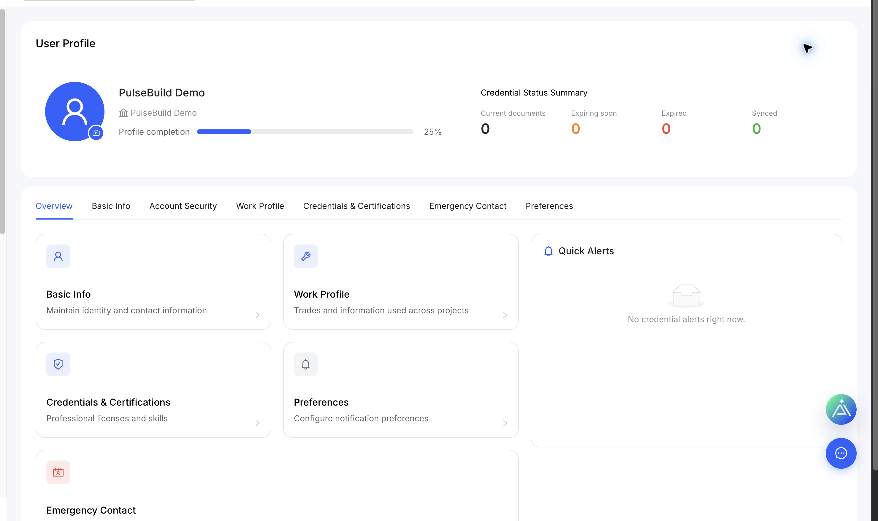 User Profile settings workspace