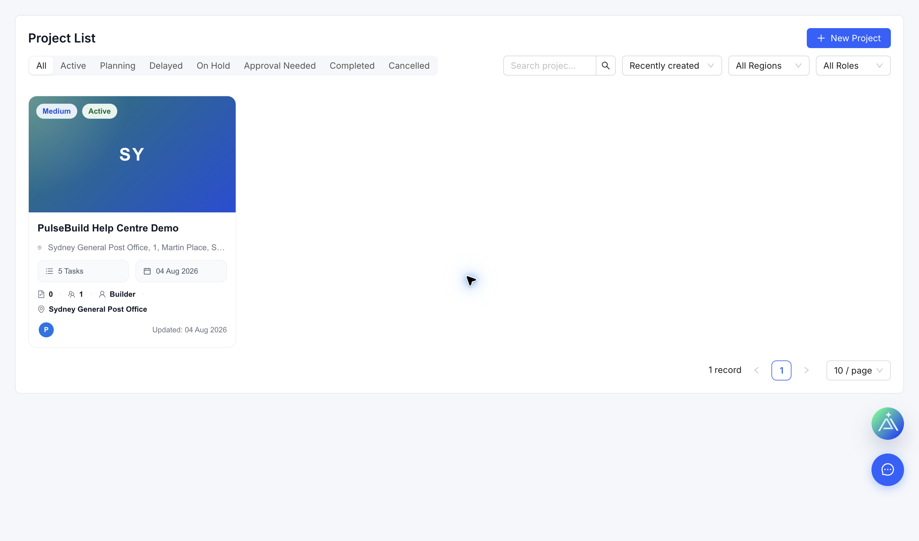 Project list with project summary information