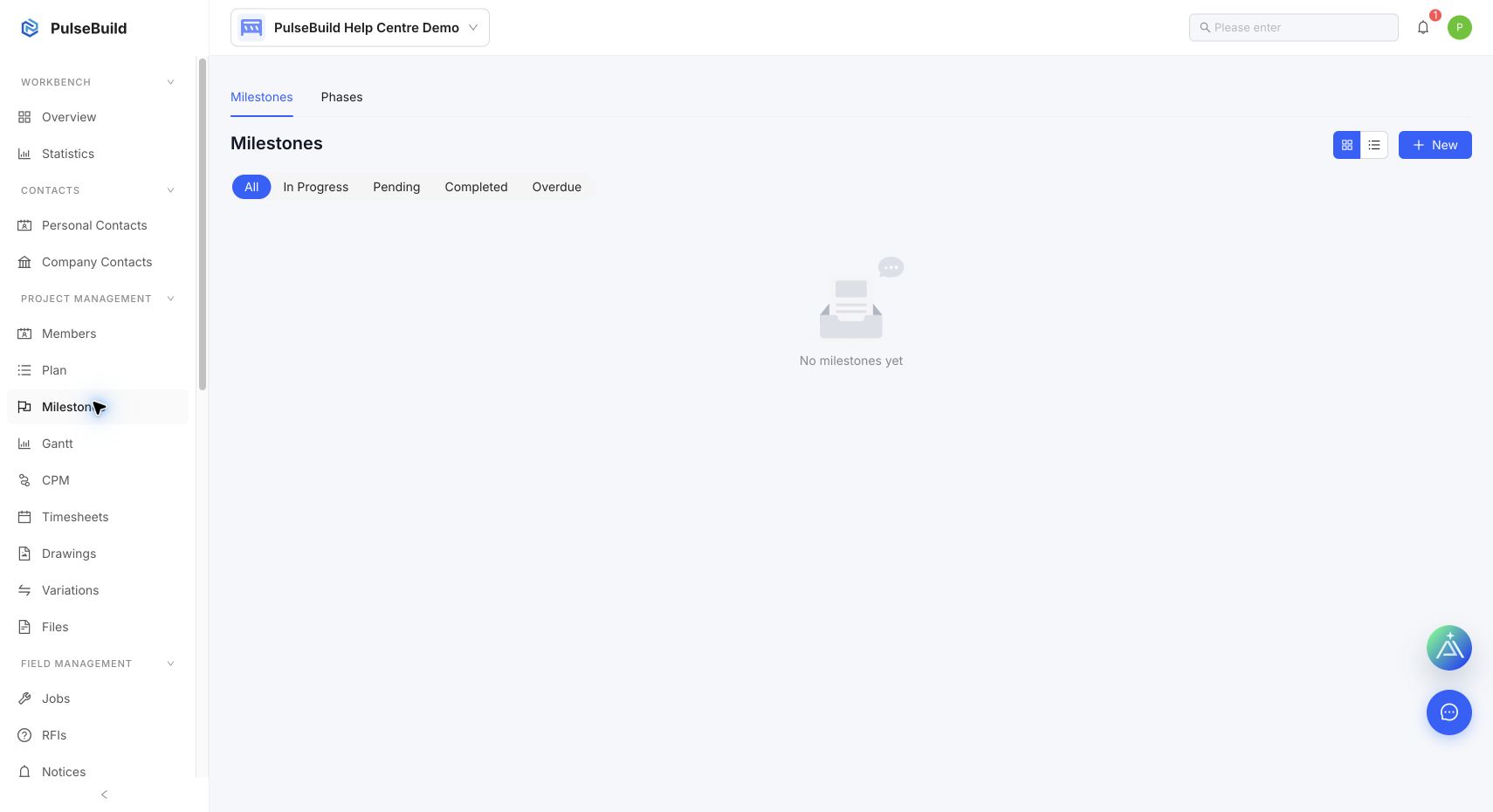 PulseBuild Milestones workspace with status filters and New action
