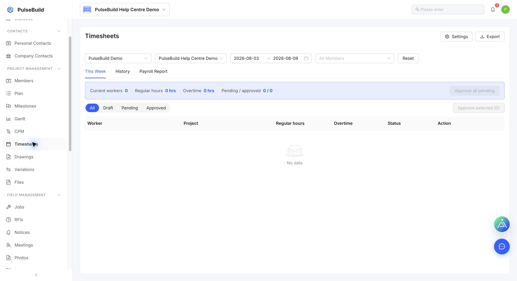 Project timesheets workspace