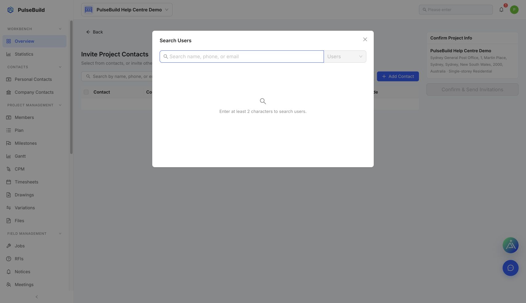PulseBuild Search Users dialog with name, phone and email search field
