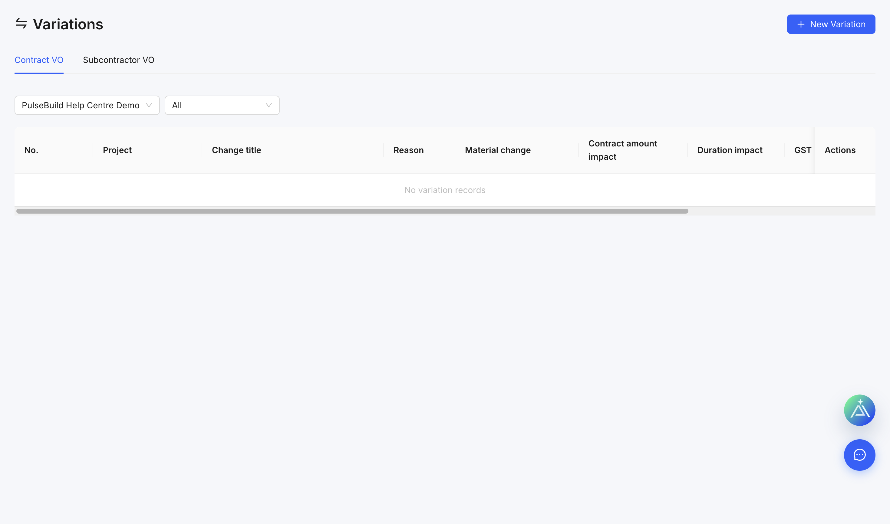 Project variations register